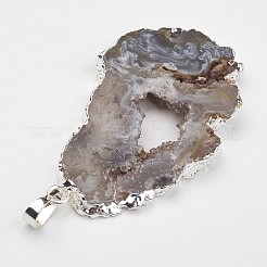 天然ジオード瑪瑙のペンダント  真鍮パーツ  ナゲット  銀色のメッキ  38~65x18~40x5~6mm  穴：5x7mm&nbsp;G-G950-02P