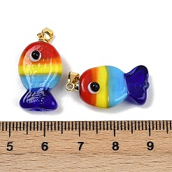 手作りランプワークペンダント  魚のチャーム  ラック メッキ ゴールド トーンの真鍮パーツ  長持ちメッキ  カラフル  23~23.5x12~13x8~10mm  穴：4.4x3.8mm&nbsp;X1-LAMP-A007-01G-05
