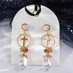 Brass Cross Dangle Stud Earrings&nbsp;EJEW-R014-11G