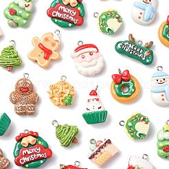 30 個 15 スタイルのクリスマス不透明樹脂ペンダント  プラチナ鉄ループ付き  混合図形  ミックスカラー  15~28x17~28x6.5~10mm  穴：2mm  2個/スタイル&nbsp;CRES-FS0001-33