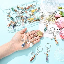天然および合成宝石チップキーホルダー付きガラスボトル20個  合金のペンダントと鉄のリング  アンティークシルバー  85mm&nbsp;KEYC-CJ00014