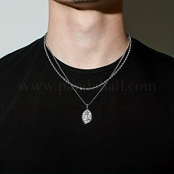304ステンレススチール製ロープチェーン二重ネックレス  男性向けの楕円形の大天使聖ミカエルペンダントネックレス  銀  19.69インチ（50cm）および21.65インチ（55cm）  2個/セット&nbsp;WG0A8AC-01