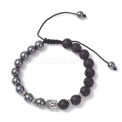 非磁性合成ヘマタイトと天然溶岩石ビーズの編み込みビーズブレスレット