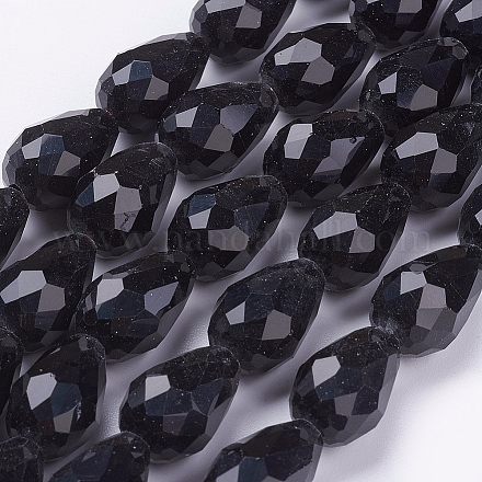 ガラスビーズ連売り  多面カット  ティアドロップ  ブラック  15x10mm  穴：1mm  約48~50個/連  26.6インチ&nbsp;GLAA-E010-10x15mm-17-1