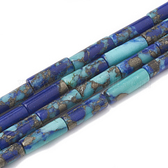 Synthetic Gemstone Beads Strands, Turquoise and Gold Line Lapis Lazuli, Column, Blue, 12~13x4~4.5mm, Hole: 1~1.2mm, about 30pcs/strand, 15.9 inch