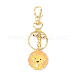 犬柄の合金エナメルキーホルダー 5個、5スタイル、フラットラウンド  真鍮のベルチャーム、合金の回転式留め金、鉄製のスプリットキーリング付き  ゴールドカラー  ミックスカラー  86mm&nbsp;KEYC-JKC01351