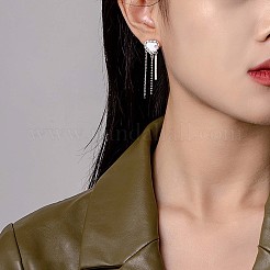 クリスタル ラインストーン ハート タッセル ダングル スタッド イヤリング  女性用真鍮ドロップピアス  プラチナ  48x12.6mm  ピン：0.9mm&nbsp;JE1029A