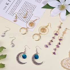 DIYの月と星のイヤリング作成キット  真鍮のペンダント、リンク、スタッド イヤリングのパーツを含む  天然アメジストチップビーズ  合金とガラスのペンダント  アイアン製ピアスフック  ミックスカラー&nbsp;DIY-SZ0009-32
