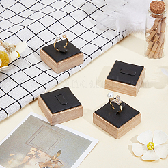 正方形の竹製木製シングルリングディスプレイスタンド  合成皮革マット付き  ブラック  4x3.95x2.1cm&nbsp;RDIS-WH20001-03A