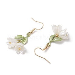304ステンレススチールダングルイヤリング  葉の合金ペンダントと花のスプレーペイントABSプラスチック模造真珠ビーズ付き  ゴールドカラー  42.5x21.5mm&nbsp;EJEW-JE06270
