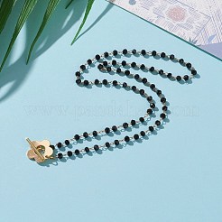 ファセットロンデルガラスビーズネックレス  金メッキ真鍮フラワーマンテル付き  ブラック  15.15インチ（38.5cm）&nbsp;NJEW-JN03287