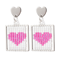 Handmade Glass Seed Beaded Square with Heart Dangle Stud Earrings&nbsp;EJEW-MZ00559