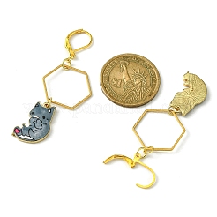 ラックメッキ合金猫ダングルレバーバックダングルイヤリング  ゴールドブラスロングドロップイヤリング  スレートグレイ  66x19.5mm&nbsp;EJEW-JE05502-04