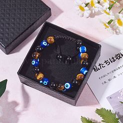 天然黒曜石 & タイガーアイ & ナザールボンジュウランプワーク編みビーズ ブレスレット  女性用の2-1/8~3-1/8層ジェムストーンブレスレット  内径：5.3~7.8インチ（{2}cm）&nbsp;BJEW-SW00001-20