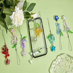 真鍮、アクリル、ガラスの携帯ストラップ  花  スター  ダークシーグリーン  163mm&nbsp;HJEW-SW00167-04