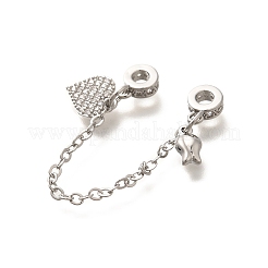 Brass Clear Cubic Zirconia European Safety Chains with Heart & Rose Charms&nbsp;KK-C085-16P