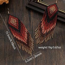 ボヘミアン風ハンドメイドガラスシードビーズダングルイヤリング  菱形模様  ゴールドカラー  レッド  155x32mm&nbsp;EM1640
