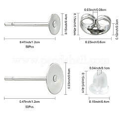 100個 2スタイル 304ステンレススチールスタッドピアス金具  304ステンレススチール製イヤーナット50個  50個のプラスチック製イヤーナット  ステンレス鋼色  12x4~6mm  ピン：0.6~0.7mm&nbsp;STAS-YW0003-44