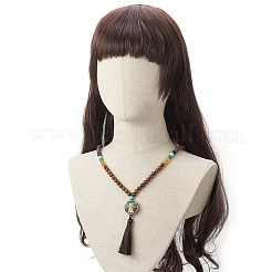 インドネシア仏教ネックレス  女性用ウッド&ミックスジェムストーンビーズチェーン付きポリエステルタッセルペンダントネックレス  コーヒー  35.43インチ（90cm）&nbsp;NJEW-JN04179