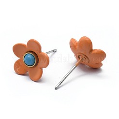 スプレー塗装真鍮スタッドピアス  合成ターコイズ付き  プラスチック製ピアスキャッチ  プラチナ  サンゴ  11mm  ピン：0.5mm&nbsp;EJEW-F236-01C