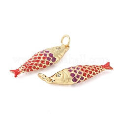 真鍮製エナメルペンダント  キュービックジルコニアの魚型チャーム付き  ラックめっき  カドミウムフリー＆鉛フリー  長持ちメッキ  18KGP本金メッキ  レッド  25.5x7.5x3.8mm  穴：3.5mm&nbsp;X-KK-B148-14G-05