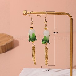 手作りランプワークダングルのピアス  花  女性のための合金のぶら下がりイヤリング  ゴールドカラー  グリーン  76x43mm&nbsp;WG9840F-01