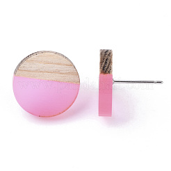 透明樹脂＆ウッドスタッドピアス  304ステンレスピン付き  フラットラウンド  パールピンク  15mm  ピン：0.7mm&nbsp;EJEW-N017-003A-D04