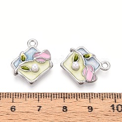 メッキ合金エナメルチャームラック  菱形＆花  ABSの模造パールと  プラチナ  20x17x5.5mm  穴：1.8mm&nbsp;ENAM-N065-03P