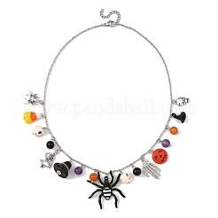 Halloween Alloy Spider Skeleton and Round Natural Gemstone Multi Pendant Bib Necklaces for Women&nbsp;NJEW-TA00276
