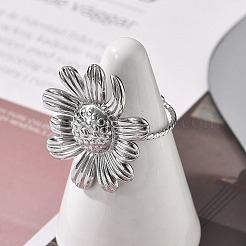 女性用フラワー 304 ステンレススチール オープンカフリング  ステンレス鋼色  花：25x27.5mm  内径: 調節可能&nbsp;RJEW-M049-04P