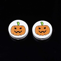 ハロウィンプリント天然木ビーズ  カボチャ柄のフラットラウンド  ダークオレンジ  20x5.9mm  穴：2mm&nbsp;WOOD-T021-91