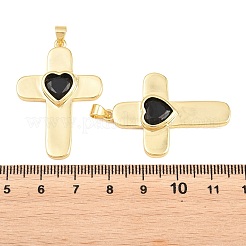 真鍮製ガラスチャーム  ハートチャーム付きクロス  カドミウムフリー＆鉛フリー  長持ちメッキ  ラックめっき  18KGP本金メッキ  ブラック  38x26x5mm  穴：3x4mm&nbsp;KK-P353-12G-02