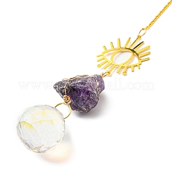 ワイヤーで包まれたナゲット天然アメジストペンダント装飾  真鍮のナザールボンジュウとガラスの丸いタッセルの吊り下げ飾り  253mm  穴：11mm&nbsp;LS-HJEW-C008-02C-G