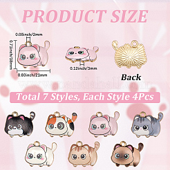 28本7色プリントアロイペンダント  猫のチャーム  ミックスカラー  18x21x3mm  穴：2mm  4個/カラー&nbsp;FIND-BM0001-01