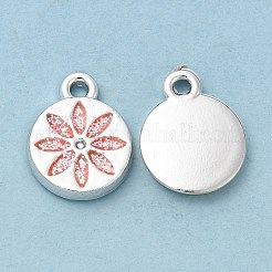 CCBプラスチックペンダント  グリッターパウダー付き  花付きフラットラウンド  プラチナ  レッド  16x12x2.5mm&nbsp;LS-CCB-TAC0003-04