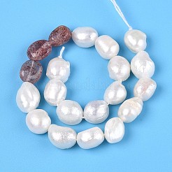 天然ストロベリークォーツナゲットと天然養殖淡水真珠ビーズ連売り  5.5~12x4.5~9x3.5~9mm  穴：0.8mm  パール：6~13x6~9x3.5~7.5mm  穴：0.6mm  約19~21個/連  6.30~6.69インチ（16~17cm）&nbsp;PEAR-N023-01A-13