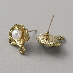 合金スタンドピアス  イミテーションパールビーズ＆水平ループ付き  シェル形状  ゴールドカラー  15.5x14mm  穴：1.6mm  ピン：0.8mm&nbsp;FIND-TAC0005-39G