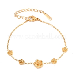 304ステンレススチールリンクブレスレット  女性用アズキチェーンブレスレット  カメリア  ゴールドカラー  6.34インチ（16.1cm）&nbsp;BJEW-P392-01G