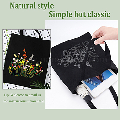 DIYキャンバスバッグフラワー刺繍キット  ポリエステル糸  鉄の針とプラスチック製の刺繍フープ  ブラック&nbsp;DIY-WH0304-254