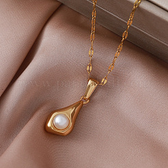Vintage European 304 Stainless Steel and Imitation Pearl Teardrop Pendant Necklaces&nbsp;ZN0215