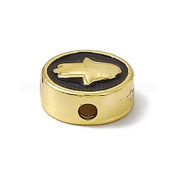 本物の 18k 金メッキ真鍮エナメル ビーズ  長持ちメッキ  宗教  カドミウムフリー＆鉛フリー  ハムサの手でフラットラウンド  ブラック  11x4.5mm  穴：1.8mm&nbsp;LS-KK-F814-05G-03