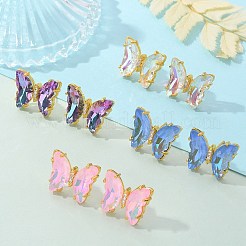 真鍮ガラススタッドピアス金具  蝶  カドミウムフリー＆ニッケルフリー＆鉛フリー  ゴールドカラー  ミックスカラー  15x18.5mm&nbsp;KK-D291-13G