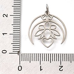 304ステンレスペンダント  丸カン付き  花のチャーム入り月  レーザー切断  ステンレス鋼色  19.5x19x1mm  穴：3mm&nbsp;STAS-Z119-12P