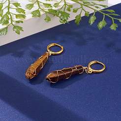 真鍮huggieフープピアス  天然宝石ワイヤーラップ弾丸ペンダント付き  ゴールドカラー  50mm  ピン：1mm&nbsp;EJEW-JE04462