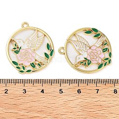 メッキ合金エナメルチャームラック  ゴールドカラー  花と鳥のチャーム付きリング  ピンク  30.5x27x1mm  穴：2mm&nbsp;FIND-Q099-04A-01