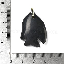 天然黒曜石の彫刻ペンダント  キュービックジルコニアと真鍮の金具が付いた魚のチャーム  ゴールドカラー  ラックめっき  32~33.5x23.5~24.5x8~8.5mm  穴：5x6mm&nbsp;G-G460-01G-04