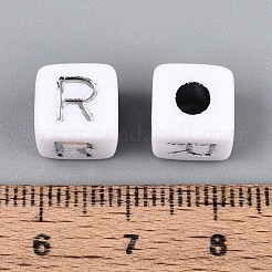 不透明なアクリルビーズ  文字付きのキューブ  シルバーライン入り  文字r  9~10x9~10x9~10mm  穴：4mm  約625個/500g&nbsp;SACR-T035-03R