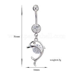 ピアスジュエリーリアルプラチナメッキ真鍮ラインストーンイルカおへそリング腹リング  クリスタル  51x16mm  バーの長さ: 3/8