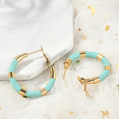 PVD真空メッキ201ステンレススチールエナメルフープピアス女性用  304ステンレスピン付き  18KGP本金メッキ  アクアマリン  30x4mm  ピン：1mm&nbsp;EJEW-B016-33F