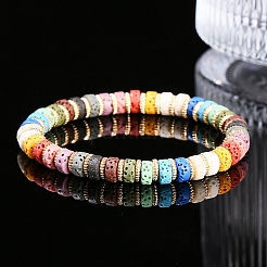 天然溶岩ロックビーズブレスレット  女性のためのジュリー  フラットラウンド  カラフル  0.6x0.2cm&nbsp;PW-WGE936D-01